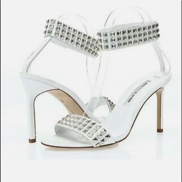 Manolo Blahnik Shoes - Manolo Blahnik Rocco Studded white leather ankle strap sandals sz. 42 heel 3 1/2